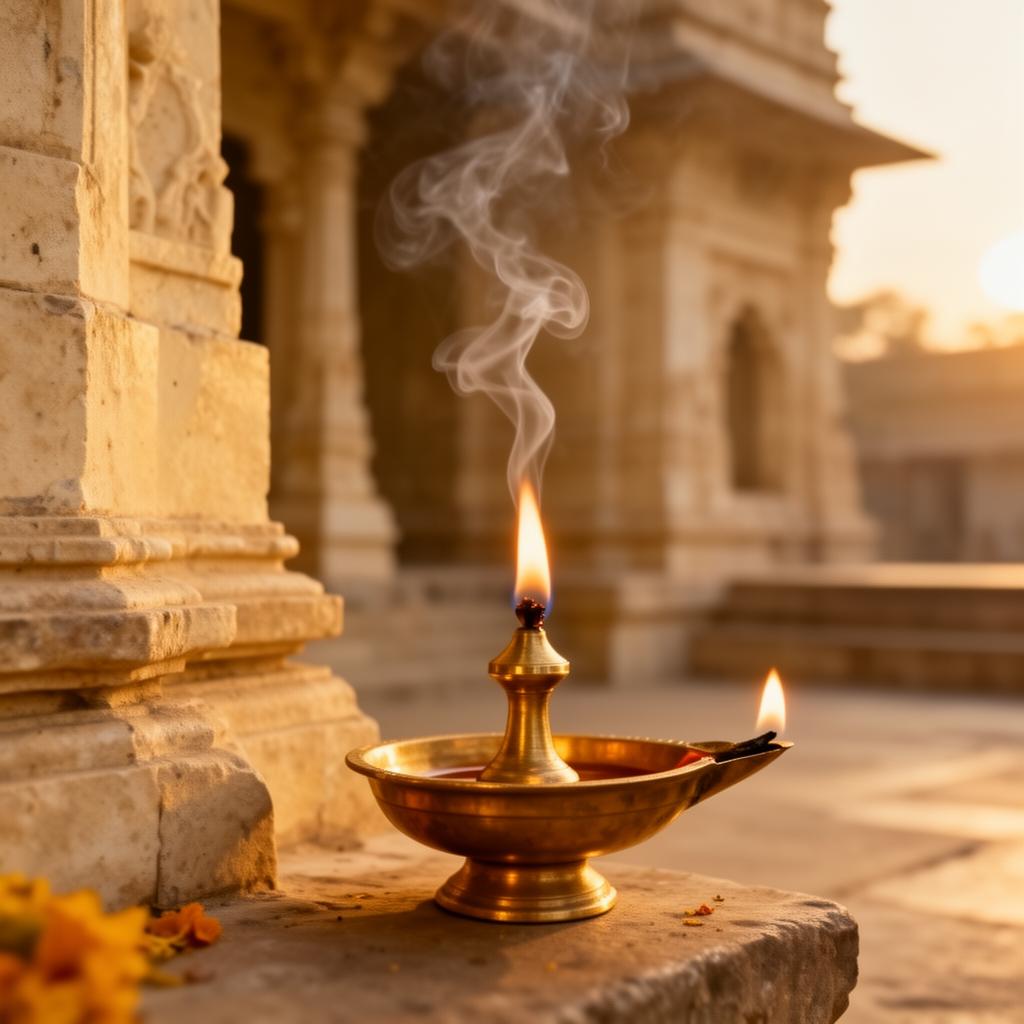 Brass oil lamp being lit at dawn inside an ancient stone temple