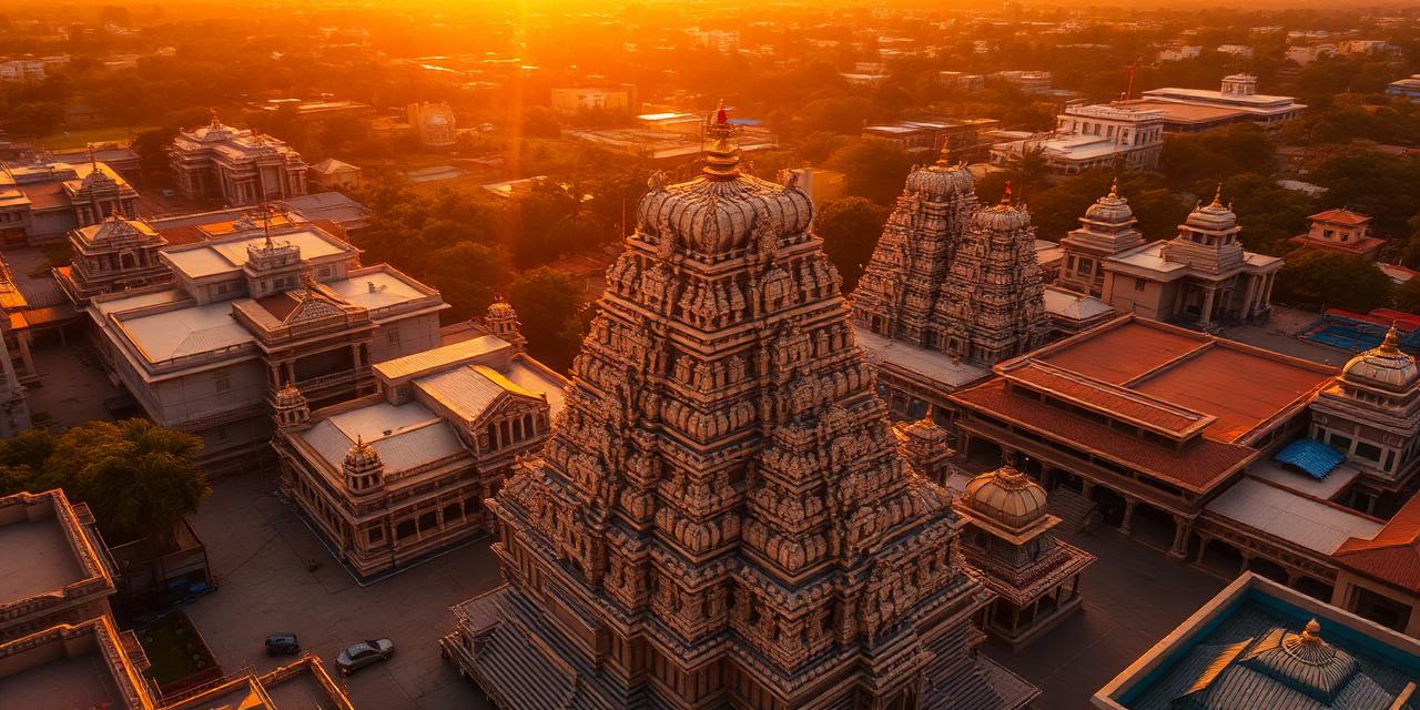 Aerial view of Meenakshi Amman temple complex at sunset